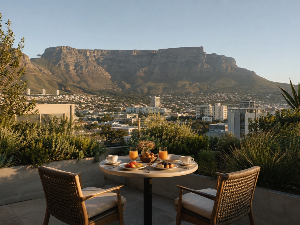 Breakfast terrace for two overlooking Cape Town and Table Mountain