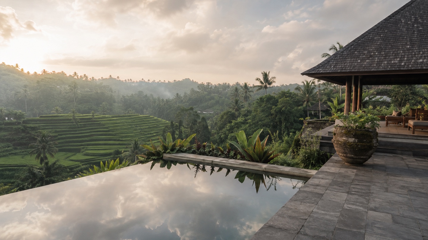 Private villa terrace and reflecting pool above Bali rice fields