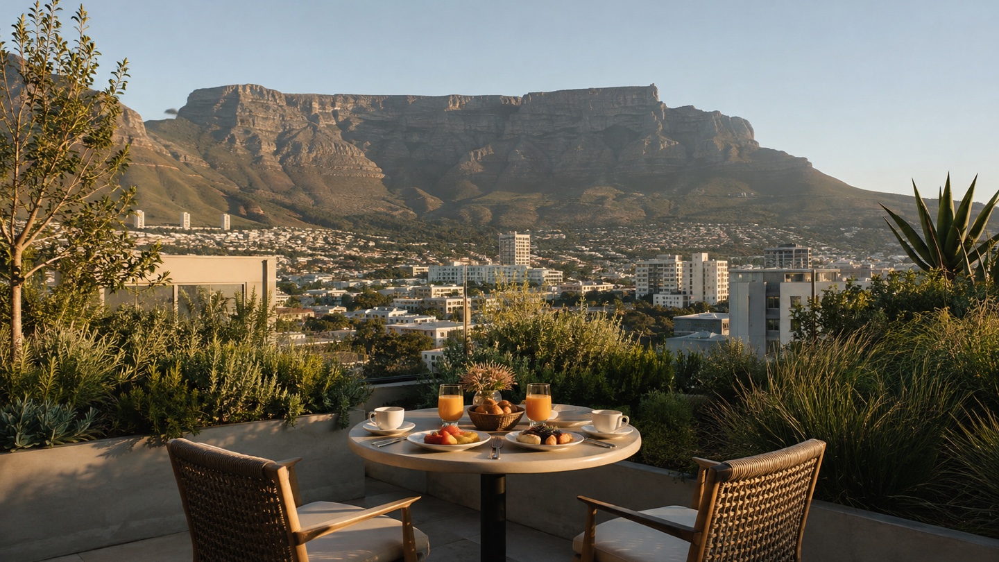 Breakfast terrace for two overlooking Cape Town and Table Mountain