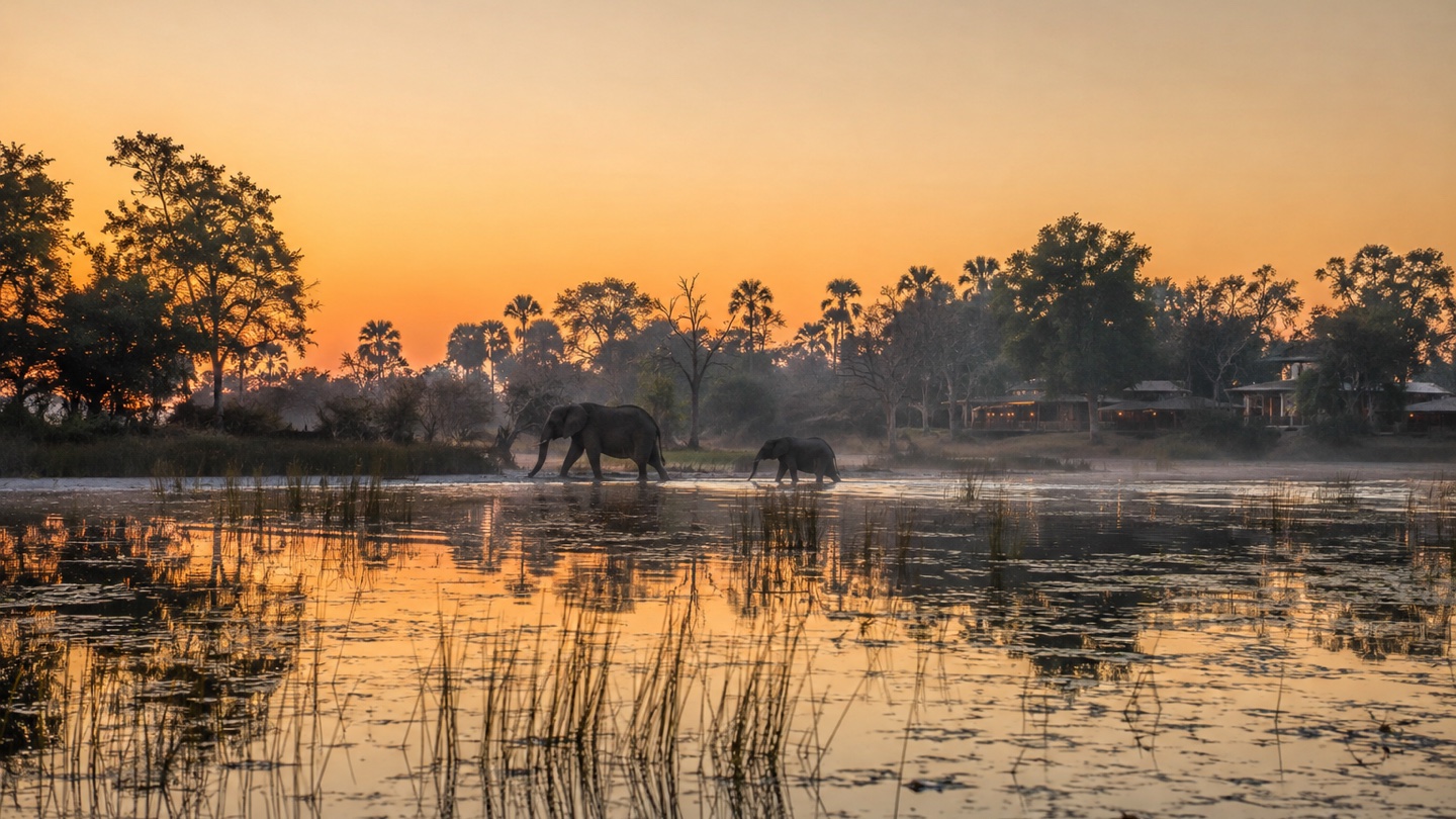 Elephants crossing a shallow Okavango Delta channel at sunrise