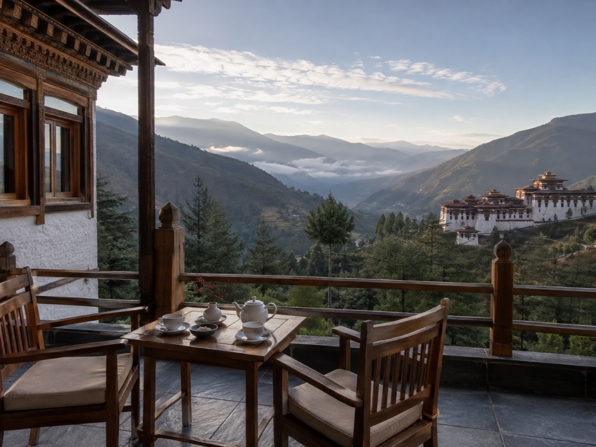 Tea terrace overlooking a Bhutanese valley and distant dzong