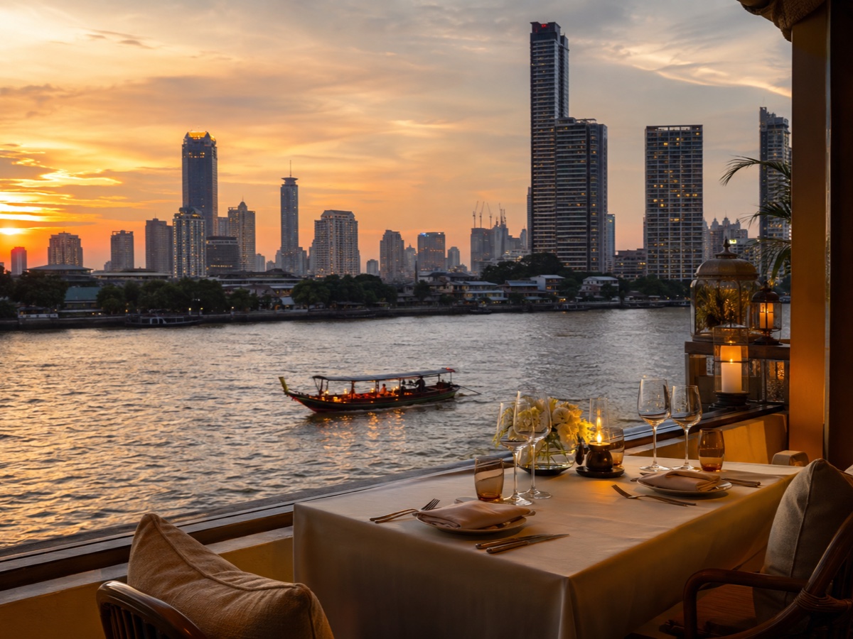 Riverside dinner terrace overlooking Bangkok and the Chao Phraya at sunset