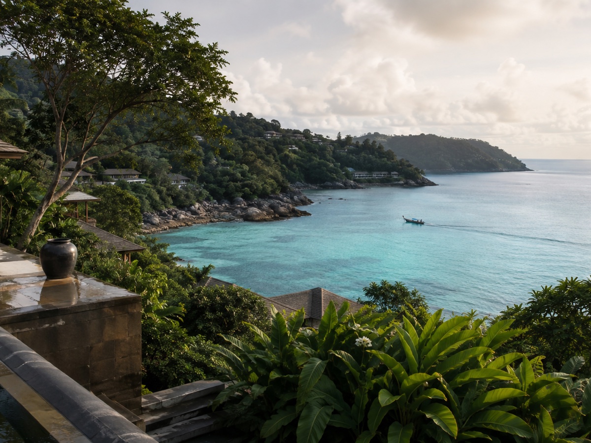 Tropical resort terrace above a quiet turquoise bay on Phuket's Andaman coast
