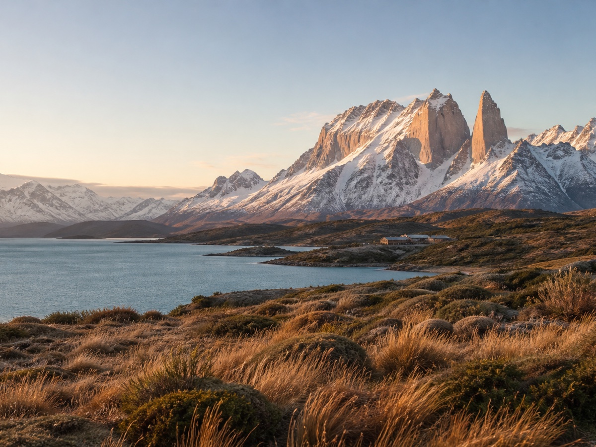 Torres del Paine granite peaks above a glacial lake and windswept Patagonian steppe at sunrise