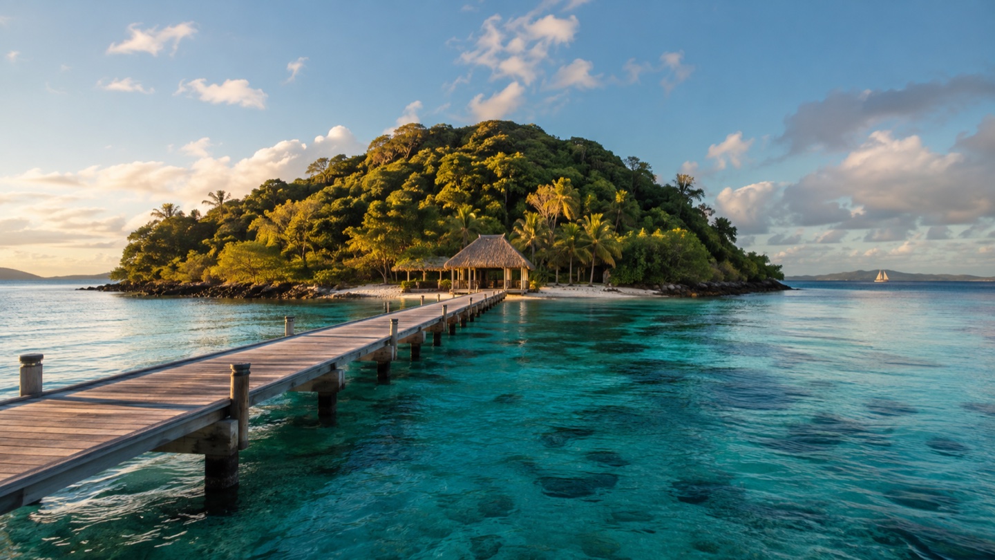 Timber jetty crossing a clear lagoon to a forested private island in Fiji