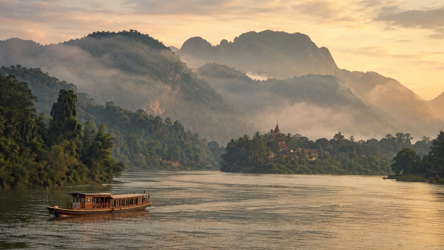 Traditional wooden boat on the misty Mekong near Luang Prabang at dawn