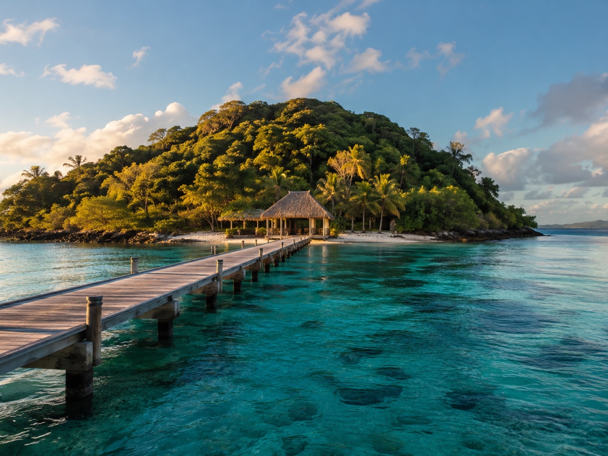 Timber jetty crossing a clear lagoon to a forested private island in Fiji
