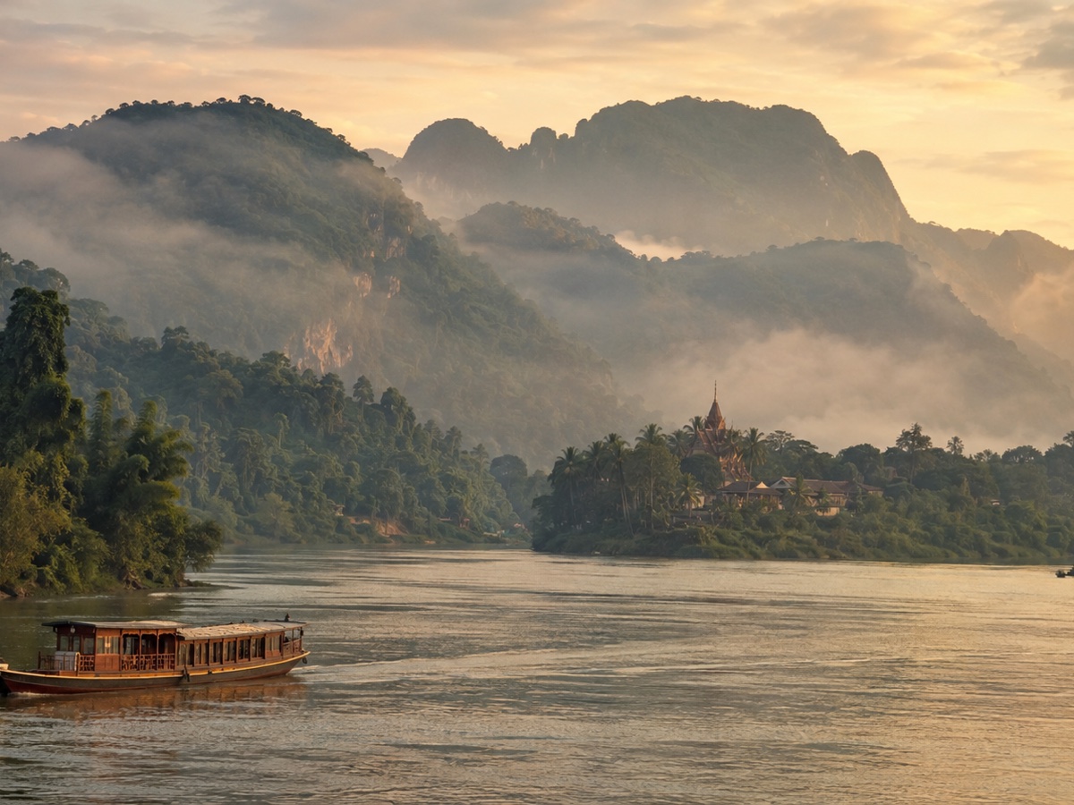 Traditional wooden boat on the misty Mekong near Luang Prabang at dawn