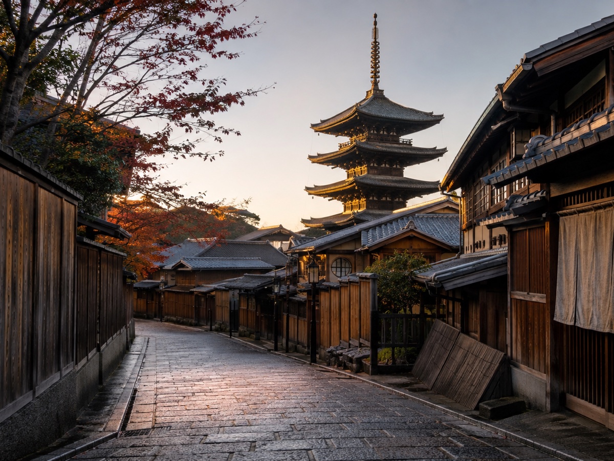 Quiet Higashiyama lane and Yasaka Pagoda in Kyoto at first light