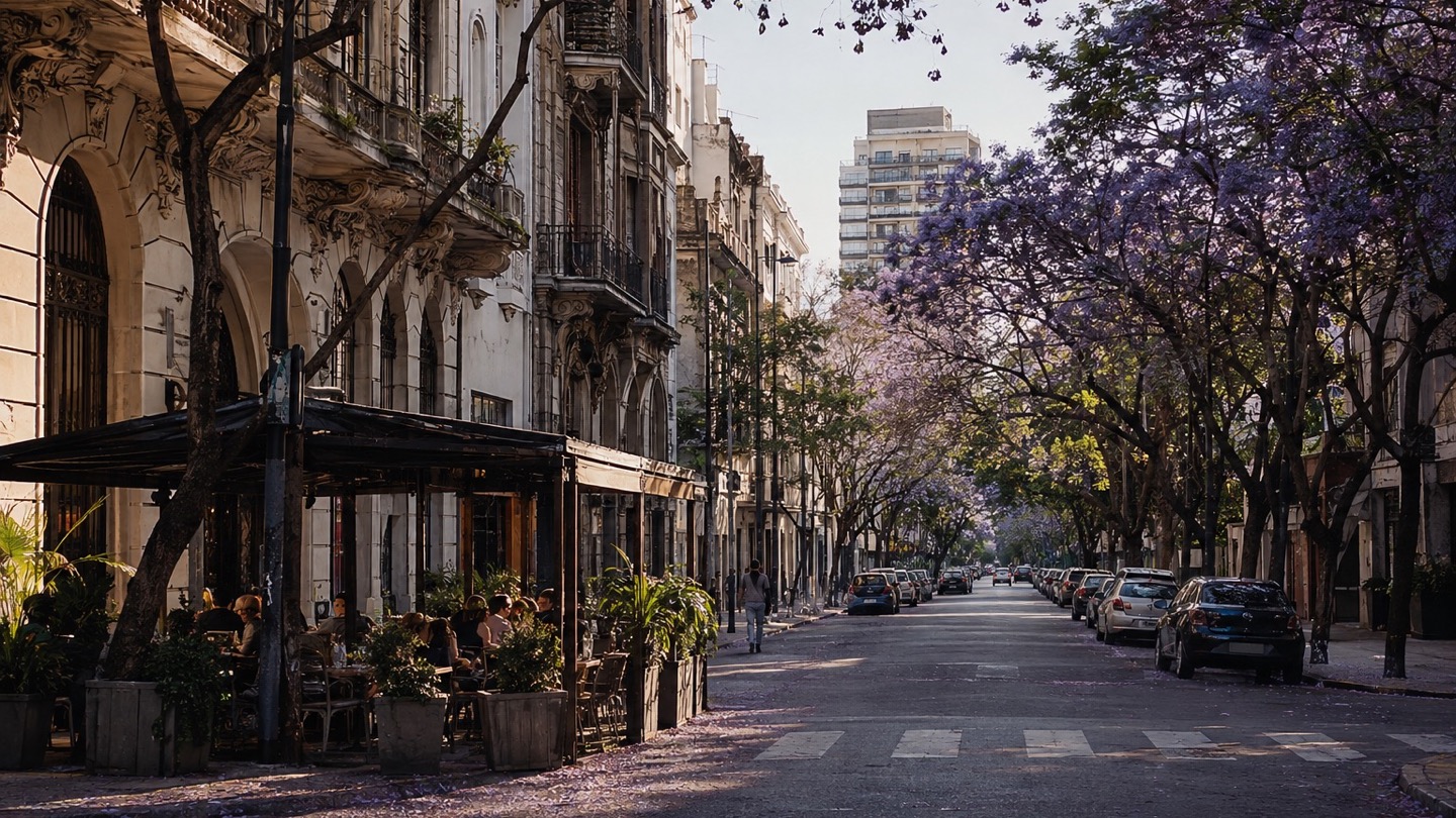 Jacaranda-lined Buenos Aires street with ornate apartment façades and a shaded sidewalk café