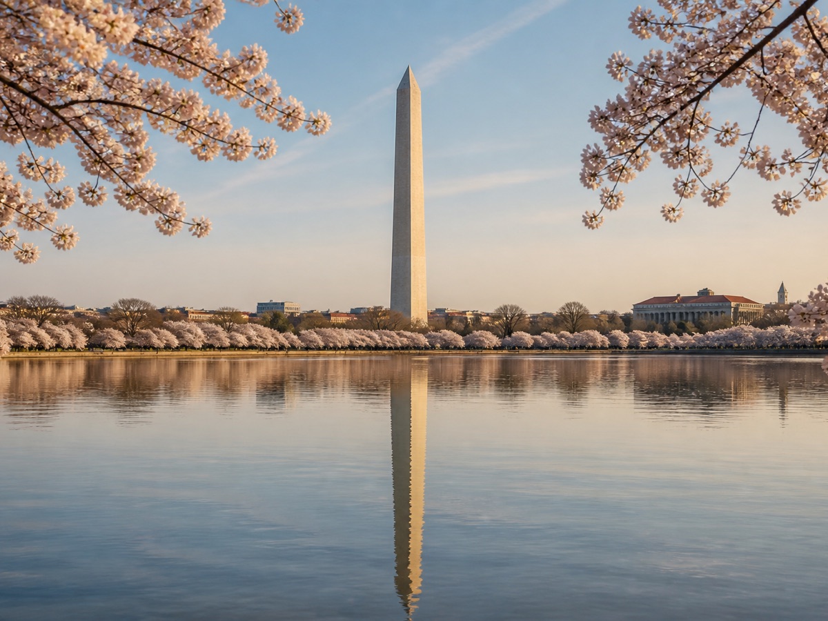 Washington Monument framed by cherry blossoms across the Tidal Basin in Washington, DC