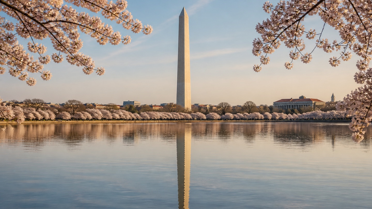 Washington Monument framed by cherry blossoms across the Tidal Basin in Washington, DC