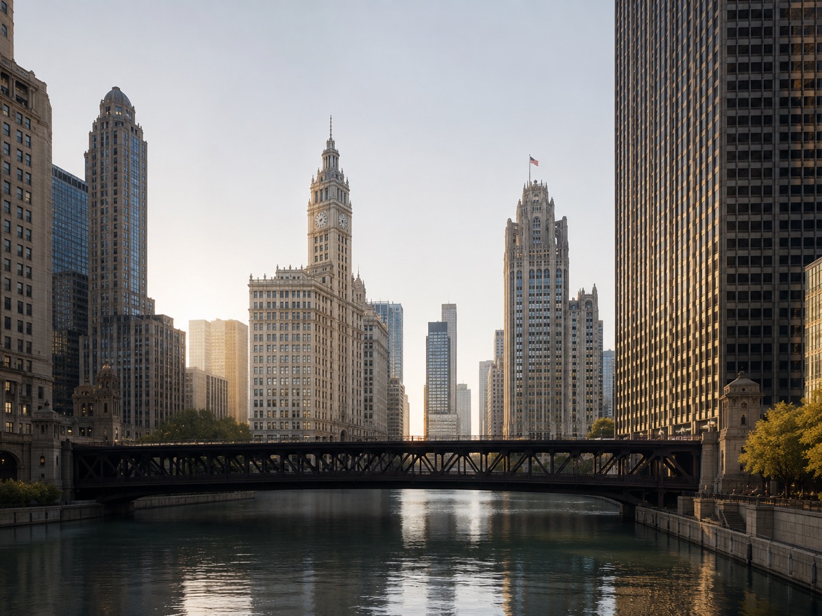 Chicago River skyline with historic towers and a steel bridge in warm evening light
