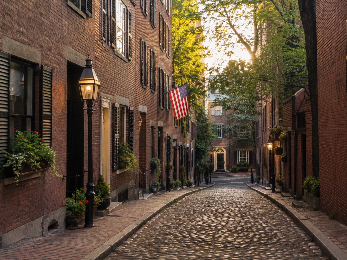 Beacon Hill brick row houses and a cobblestone street in Boston at golden hour