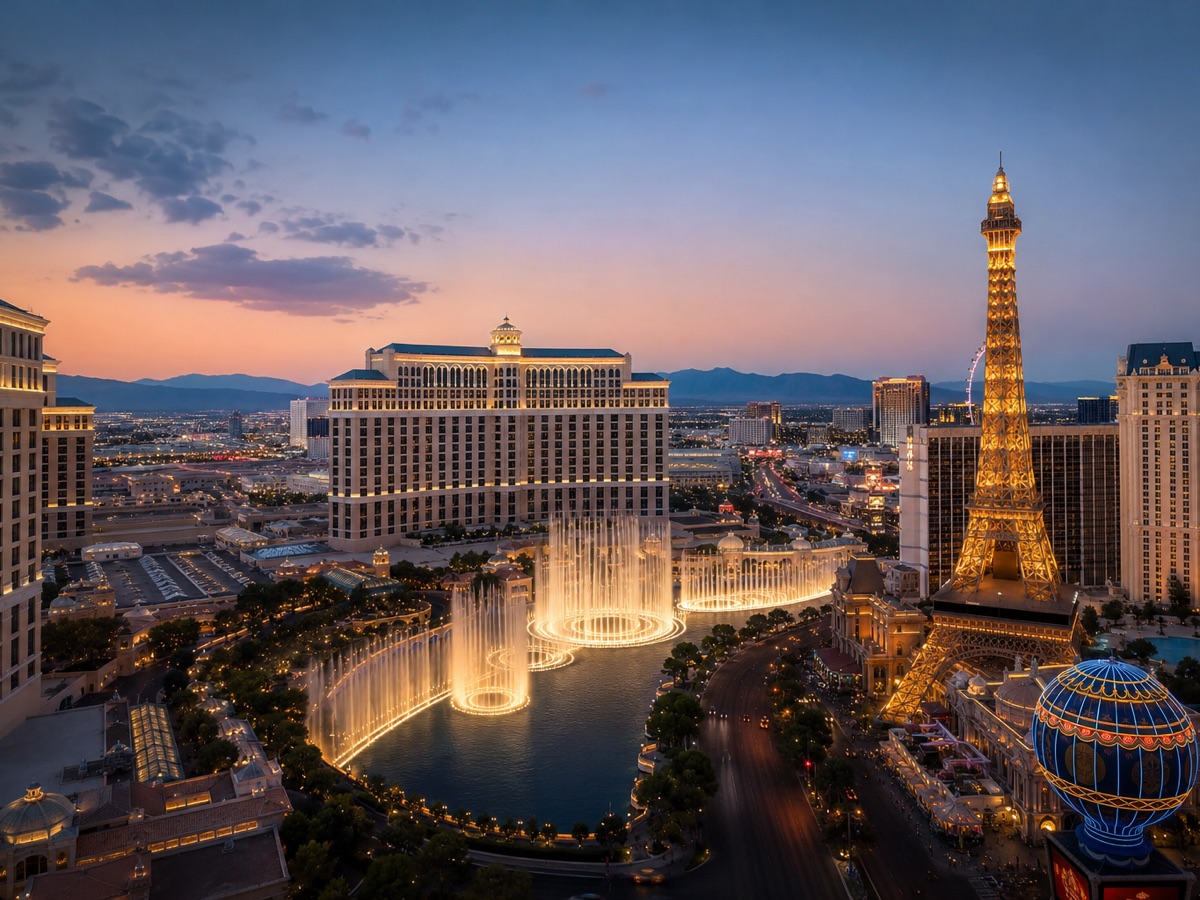 Bellagio fountains and the Las Vegas Strip skyline at dusk