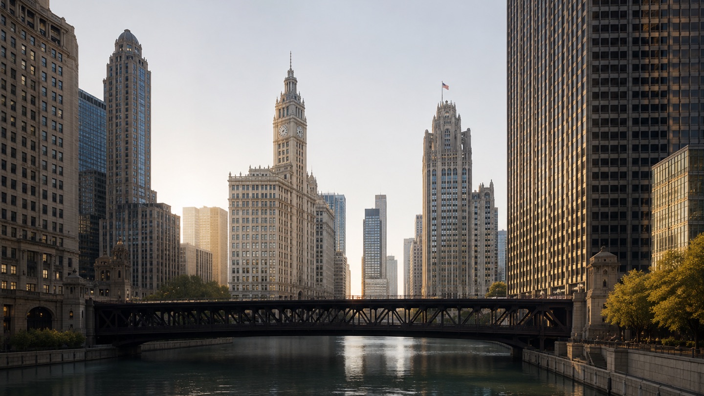 Chicago River skyline with historic towers and a steel bridge in warm evening light
