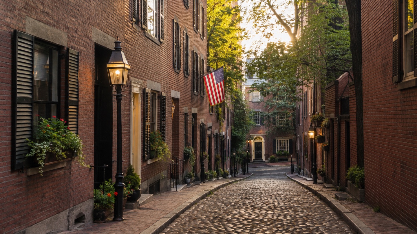 Beacon Hill brick row houses and a cobblestone street in Boston at golden hour