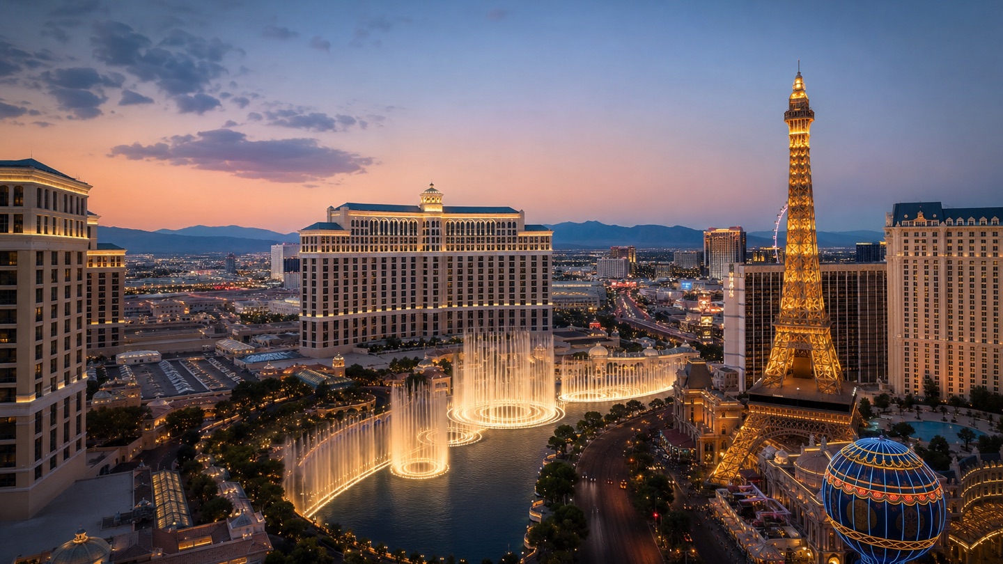 Bellagio fountains and the Las Vegas Strip skyline at dusk