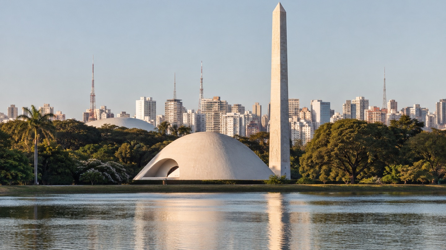 Ibirapuera Park monuments and the São Paulo skyline reflected across the lake