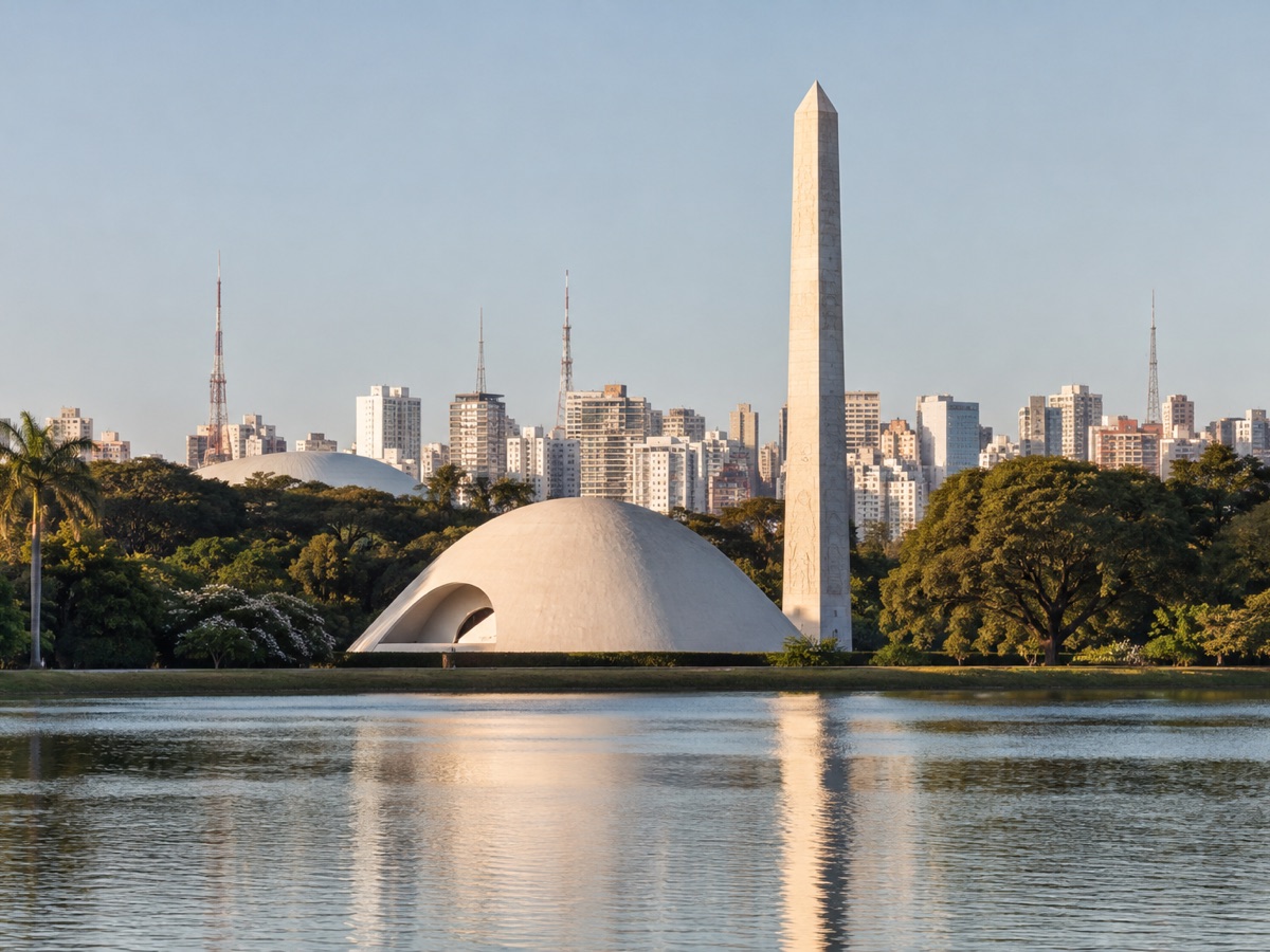 Ibirapuera Park monuments and the São Paulo skyline reflected across the lake