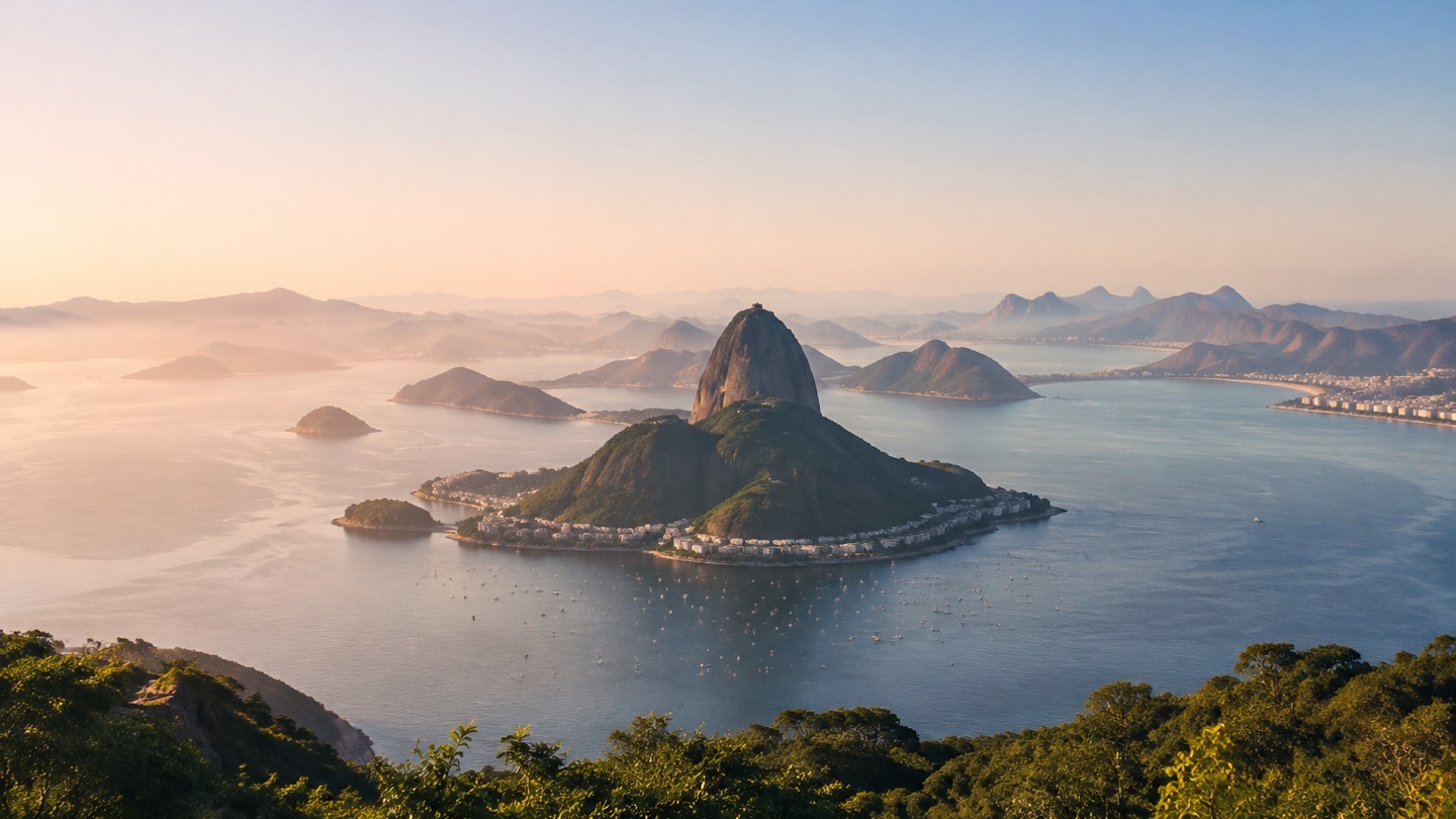 Sugarloaf Mountain and Guanabara Bay in Rio de Janeiro at sunrise