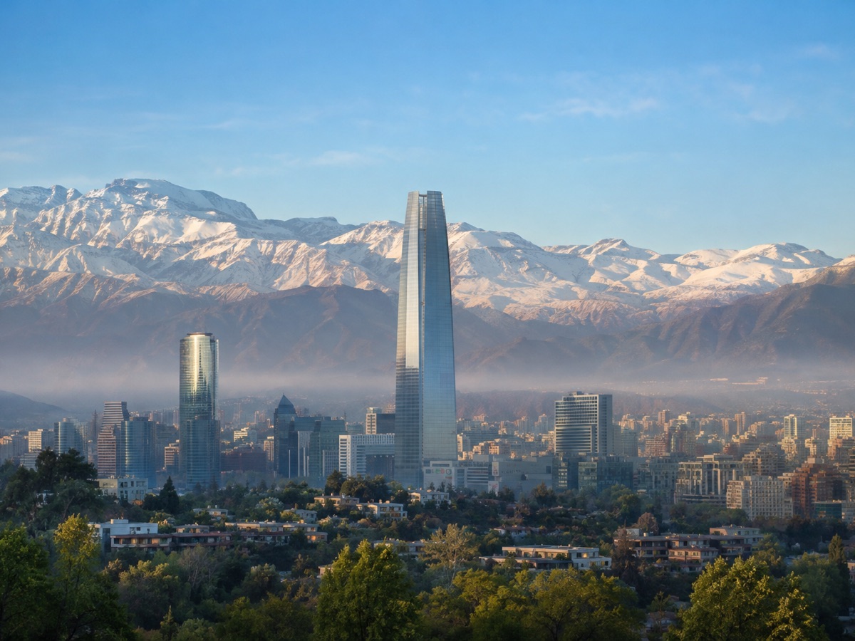 Santiago skyline backed by the snow covered Andes in clear morning light