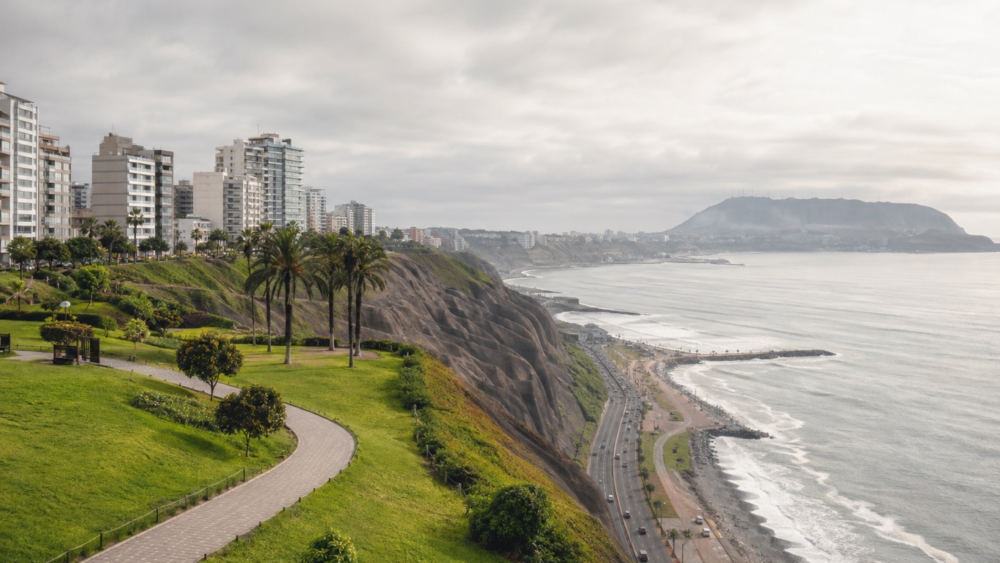 Miraflores cliffs, green parkland and the Pacific coast in Lima