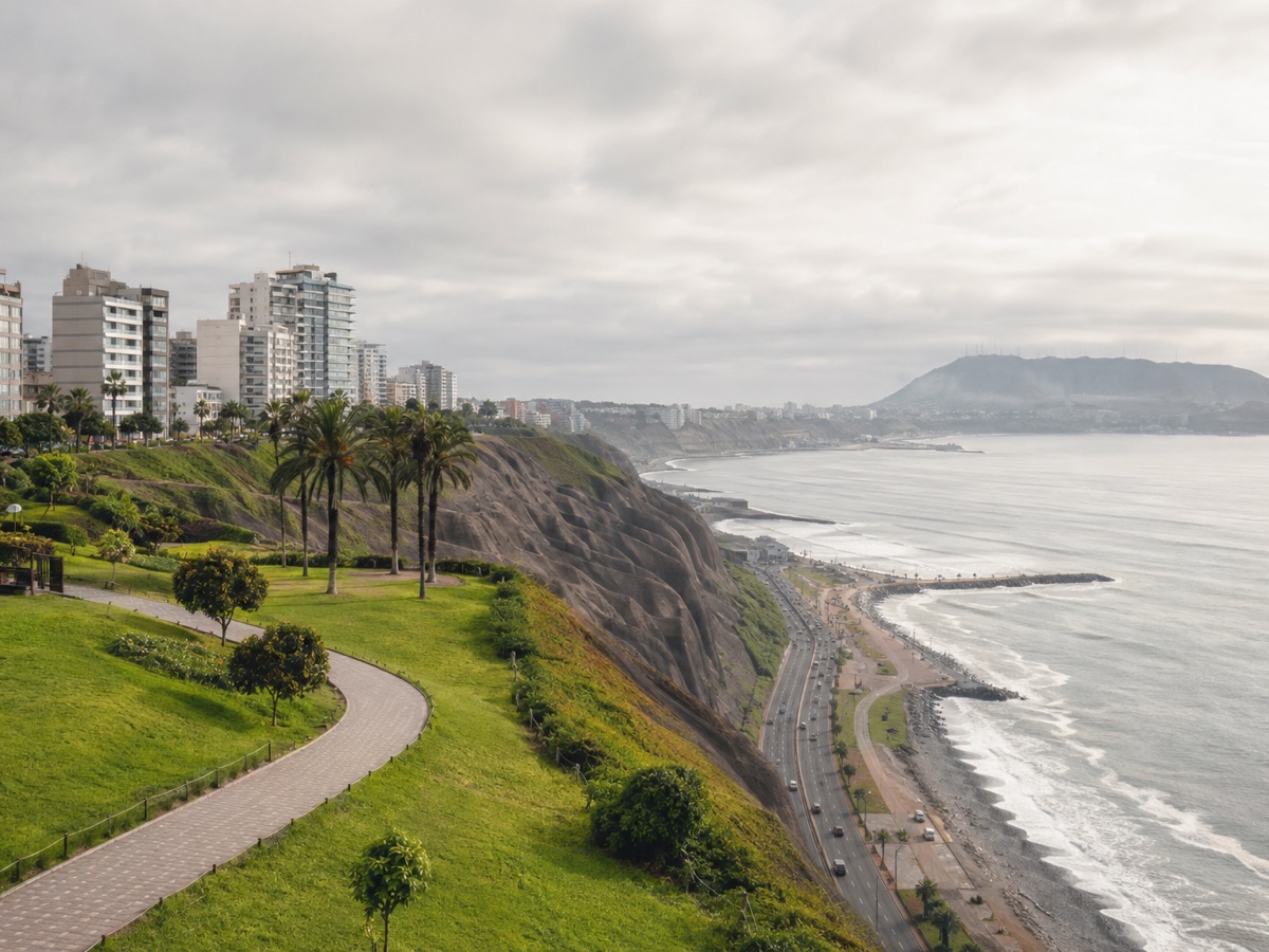 Miraflores cliffs, green parkland and the Pacific coast in Lima