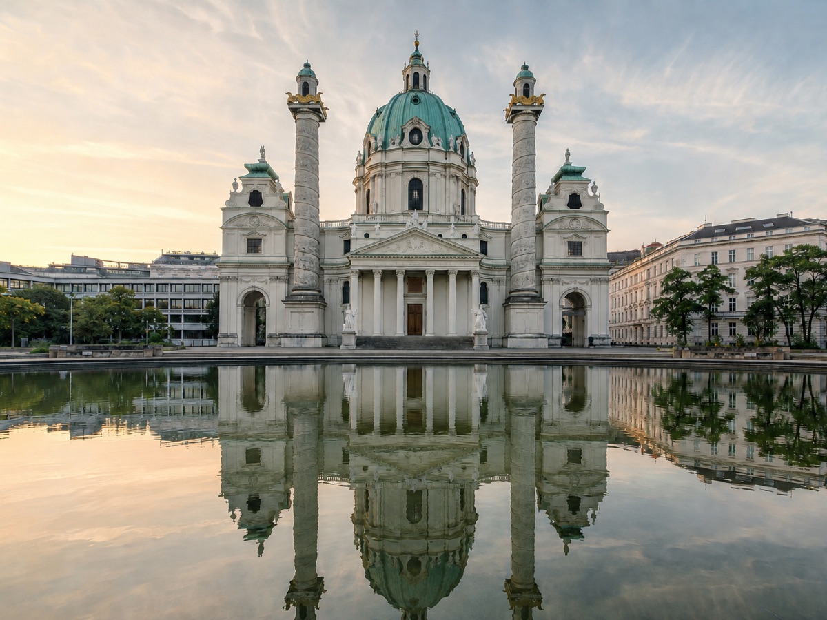 Karlskirche in Vienna reflected across its pool at sunset