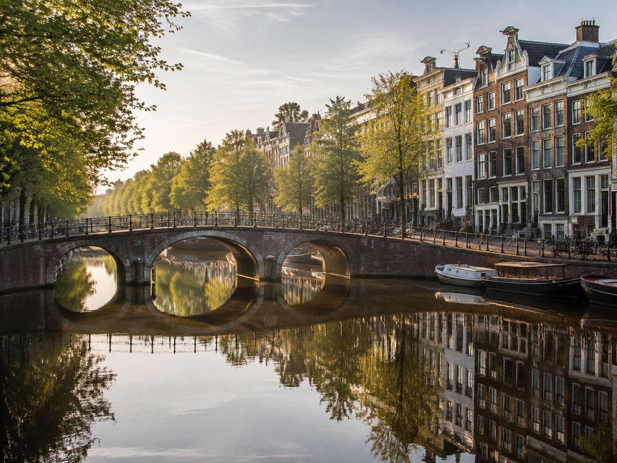 Amsterdam canal houses, an arched bridge and boats reflected in calm water