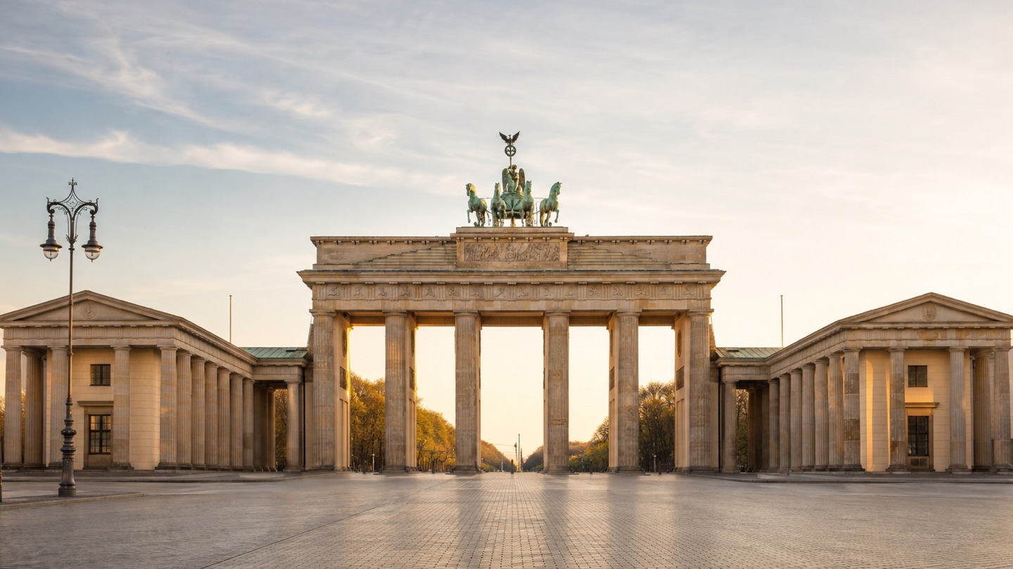 Brandenburg Gate in Berlin illuminated by warm early-morning light