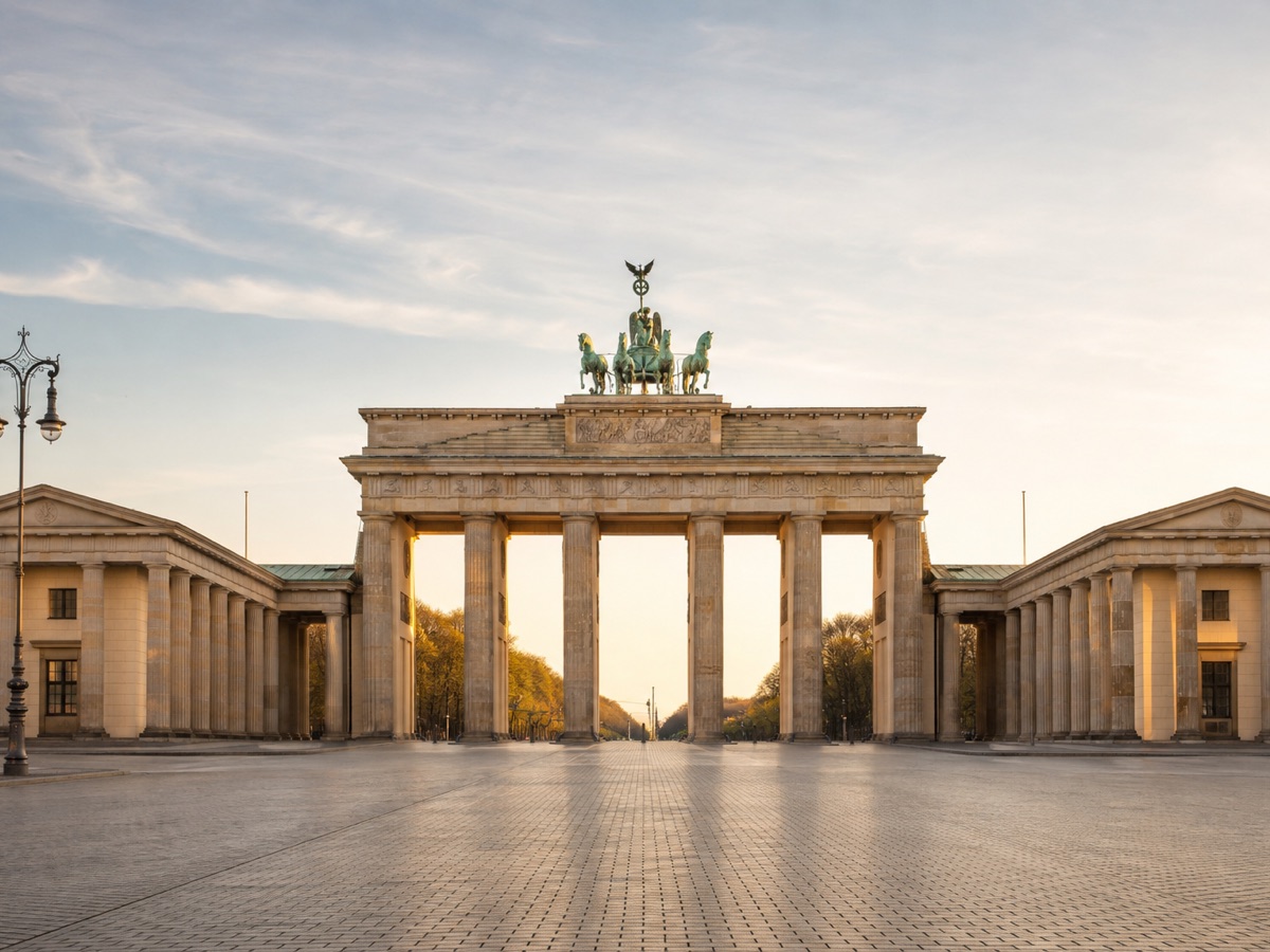 Brandenburg Gate in Berlin lit by warm early morning light