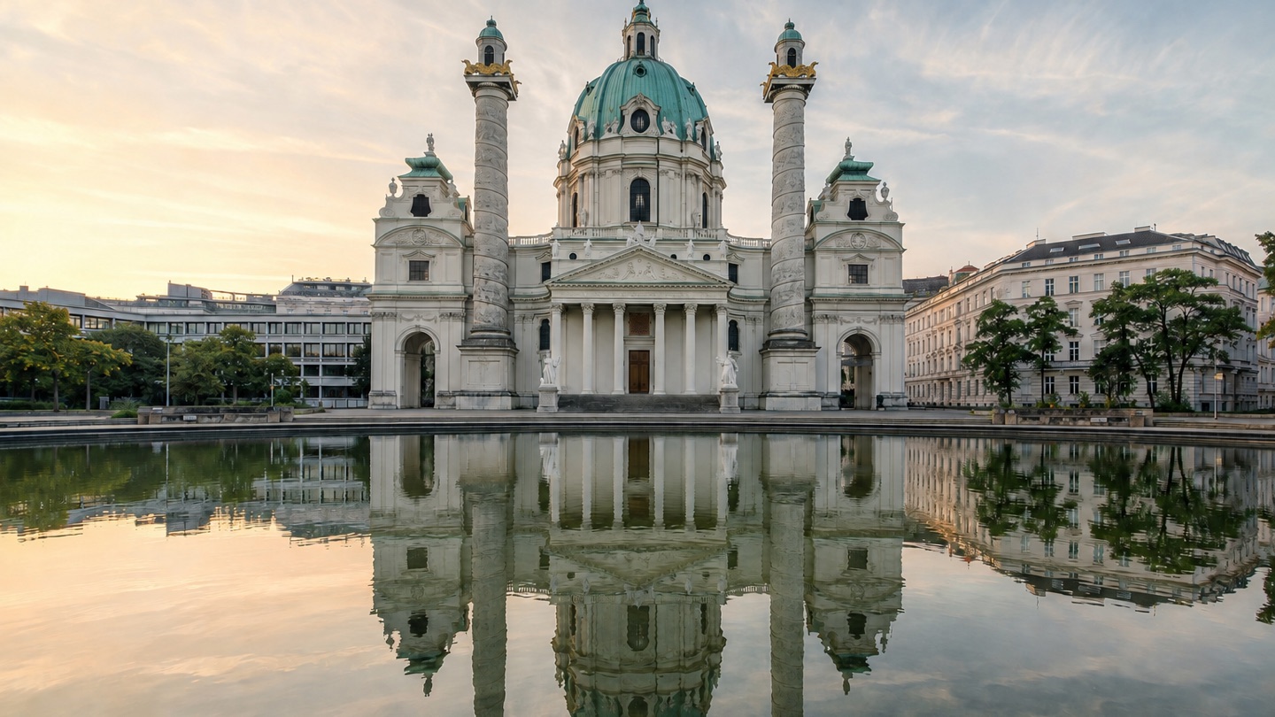 Karlskirche in Vienna reflected across its pool at sunset