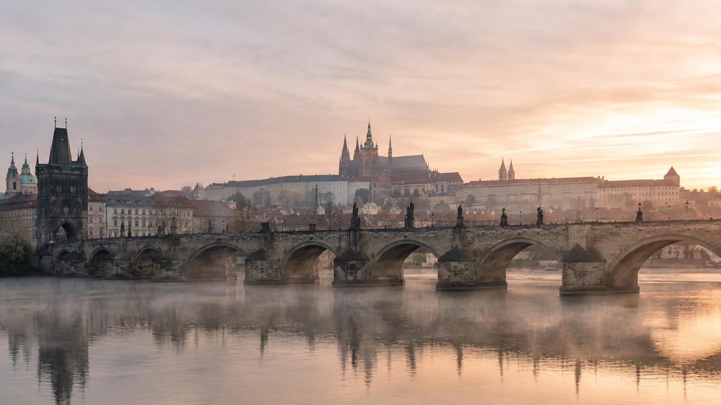 Charles Bridge and Prague Castle across the Vltava River at sunrise