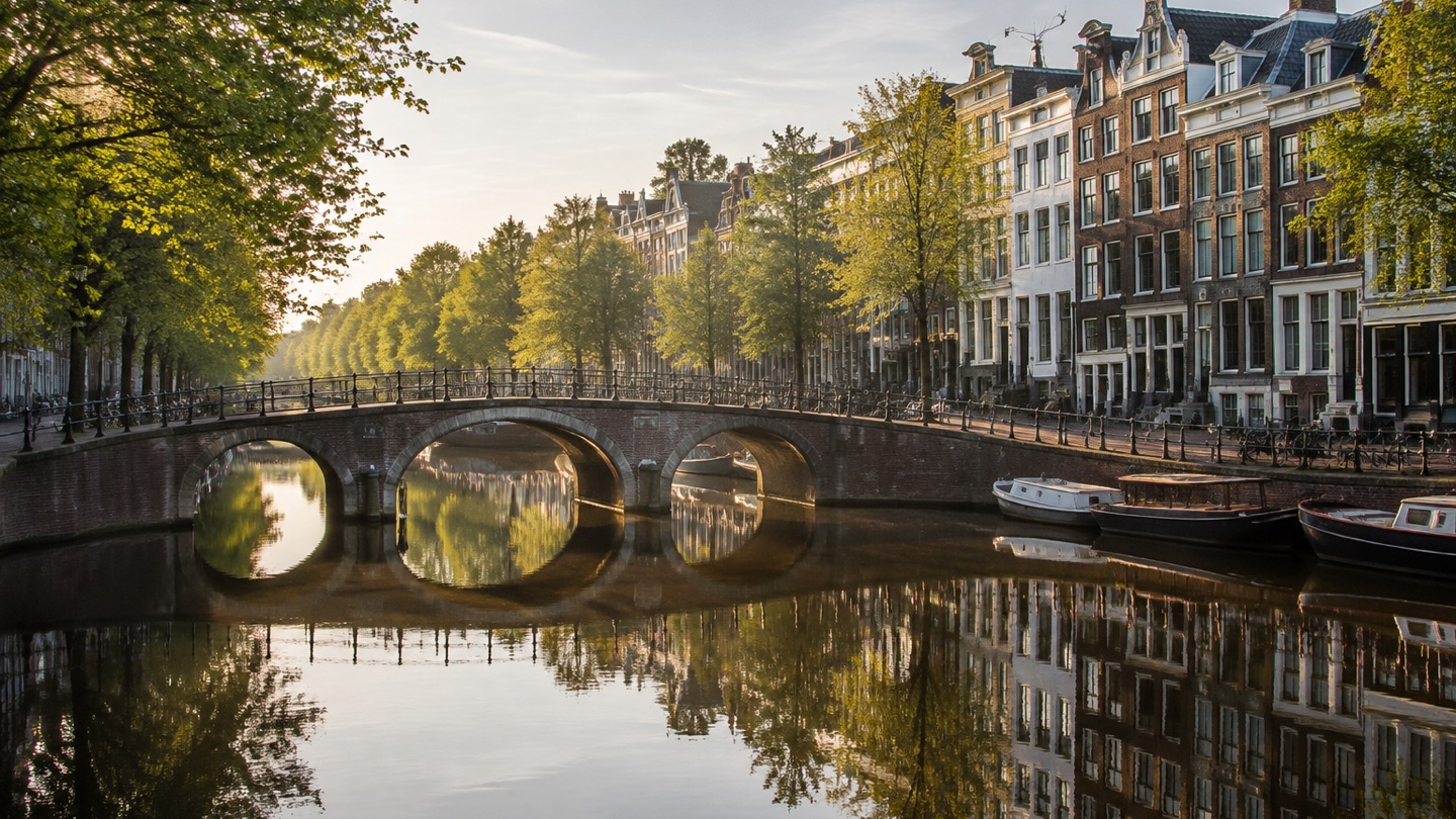 Amsterdam canal houses, an arched bridge and boats reflected in calm water