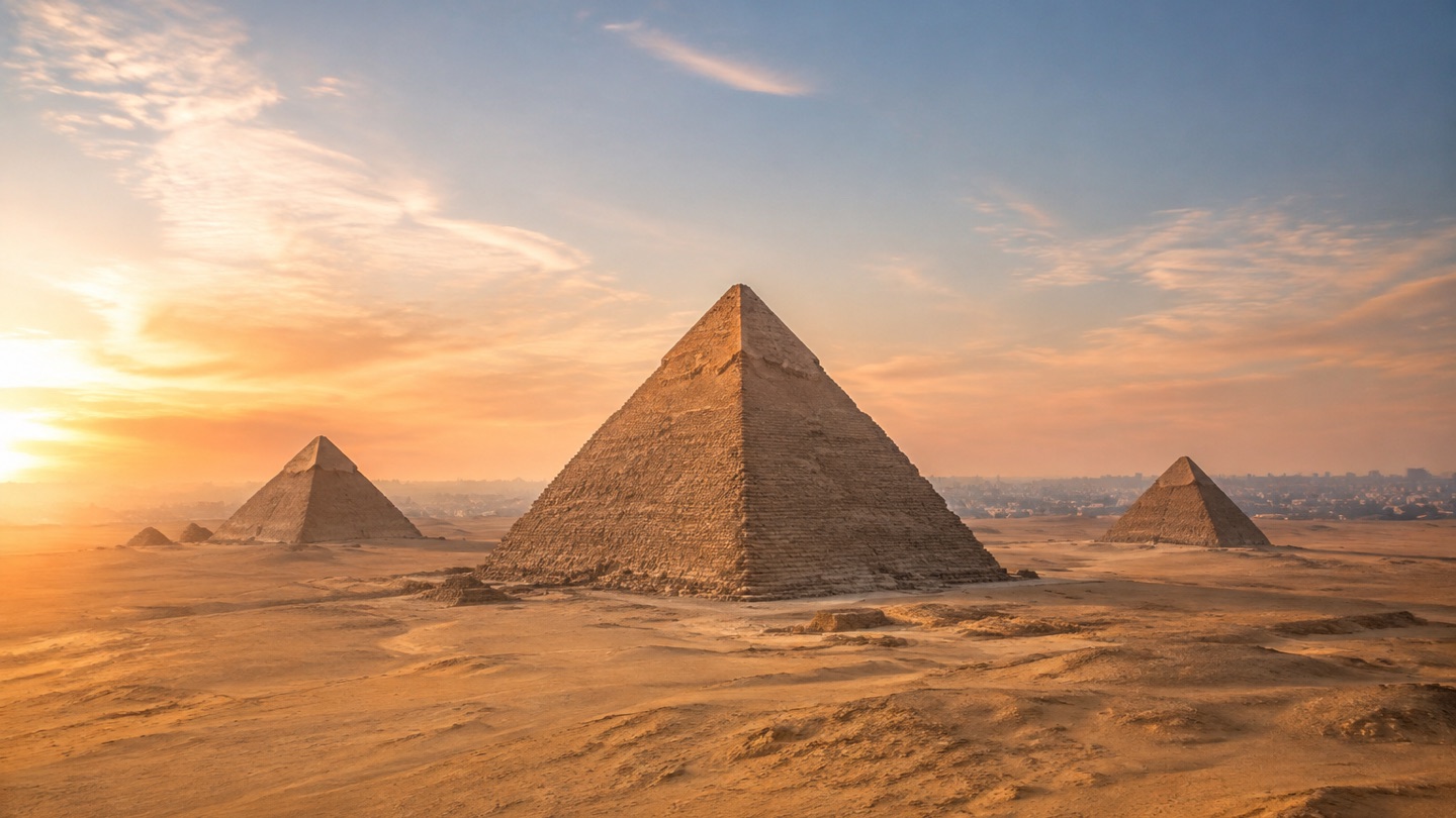 The Giza pyramids outside Cairo in warm sunset light