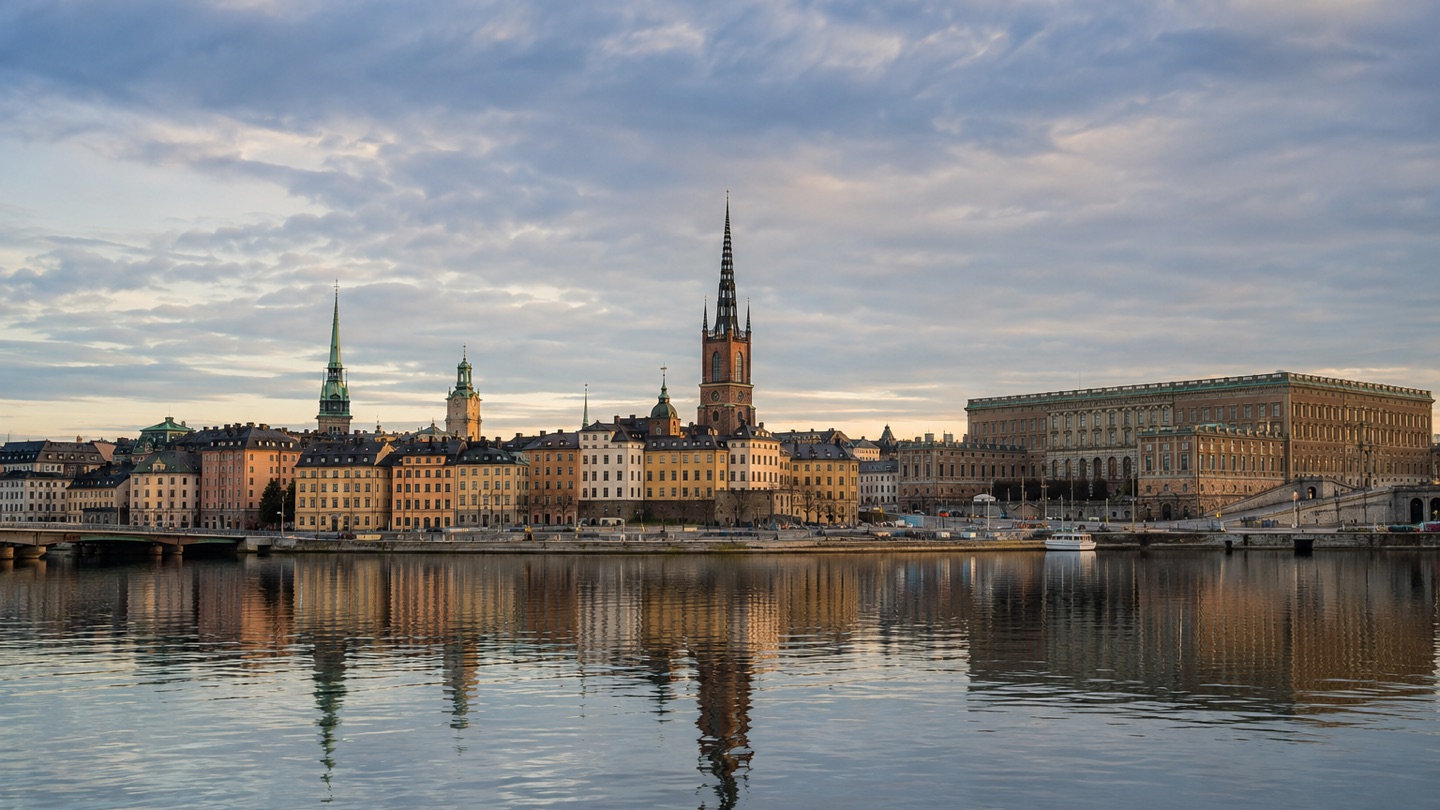 Stockholm old town skyline and waterfront reflected in calm evening water