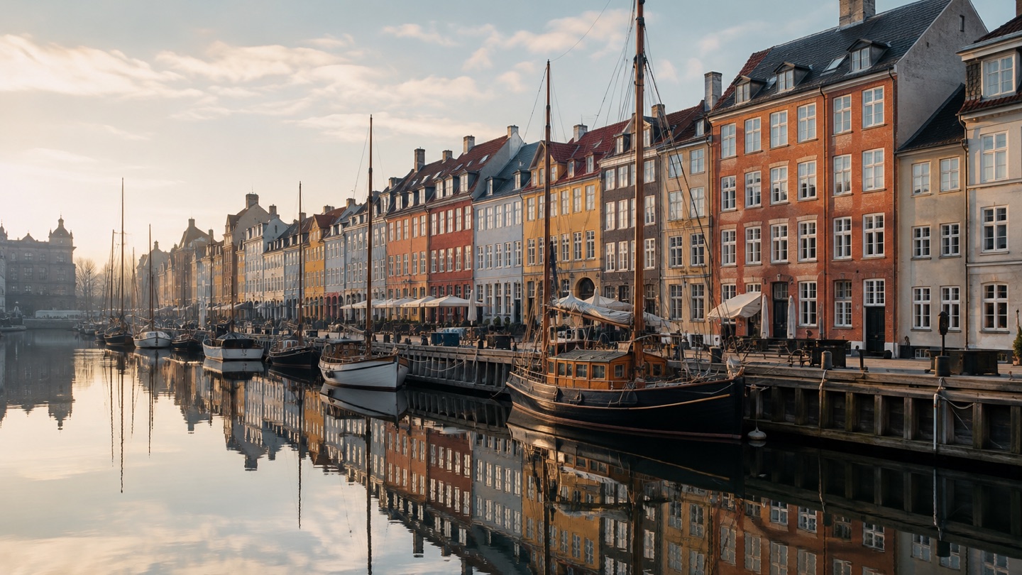 Colorful Nyhavn waterfront houses and wooden boats in Copenhagen