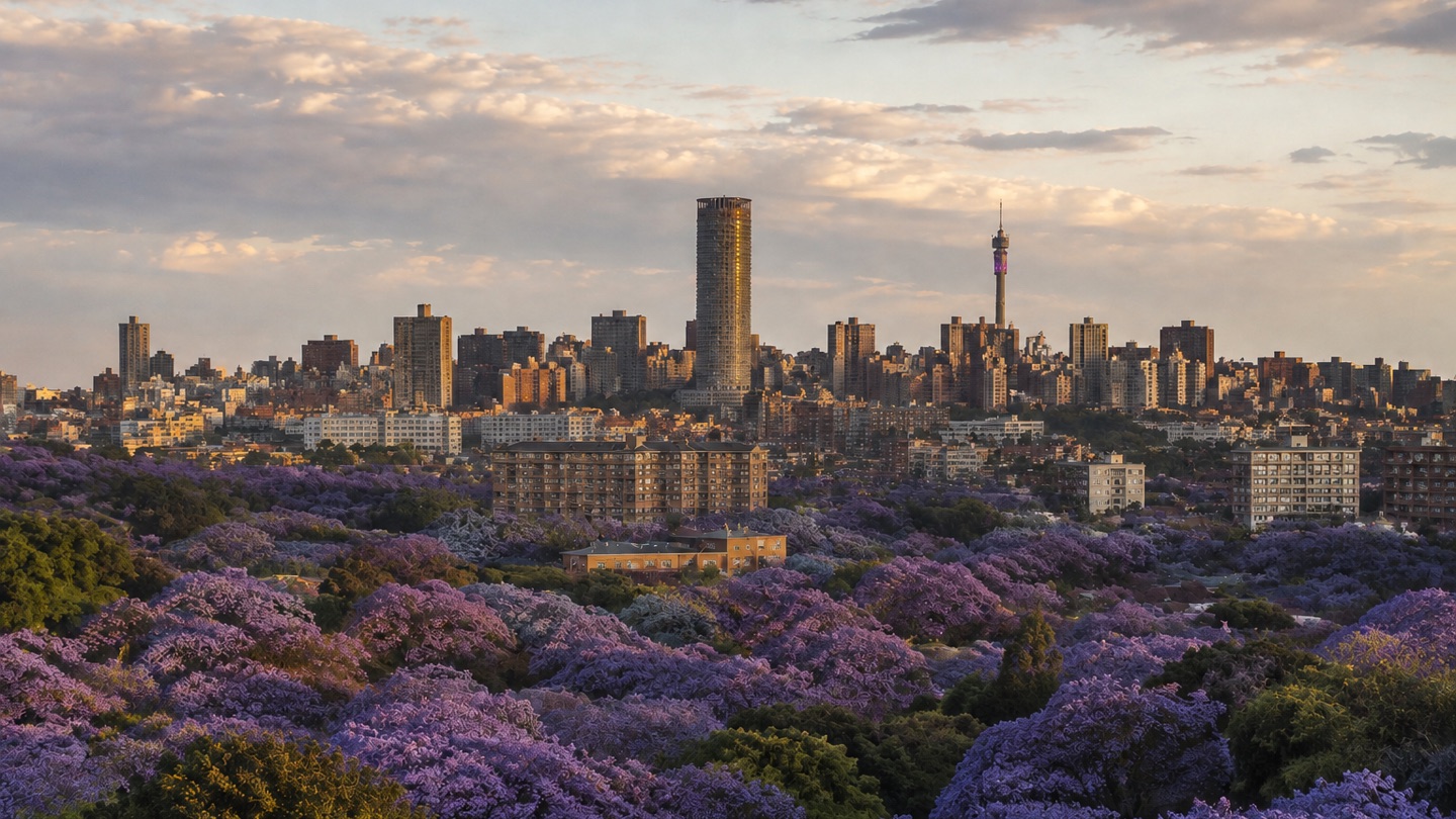 Johannesburg skyline rising above a broad canopy of purple jacaranda trees