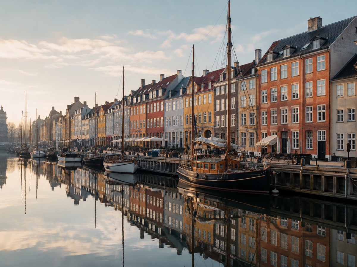 Painted waterfront houses and moored wooden boats along the Nyhavn canal in Copenhagen