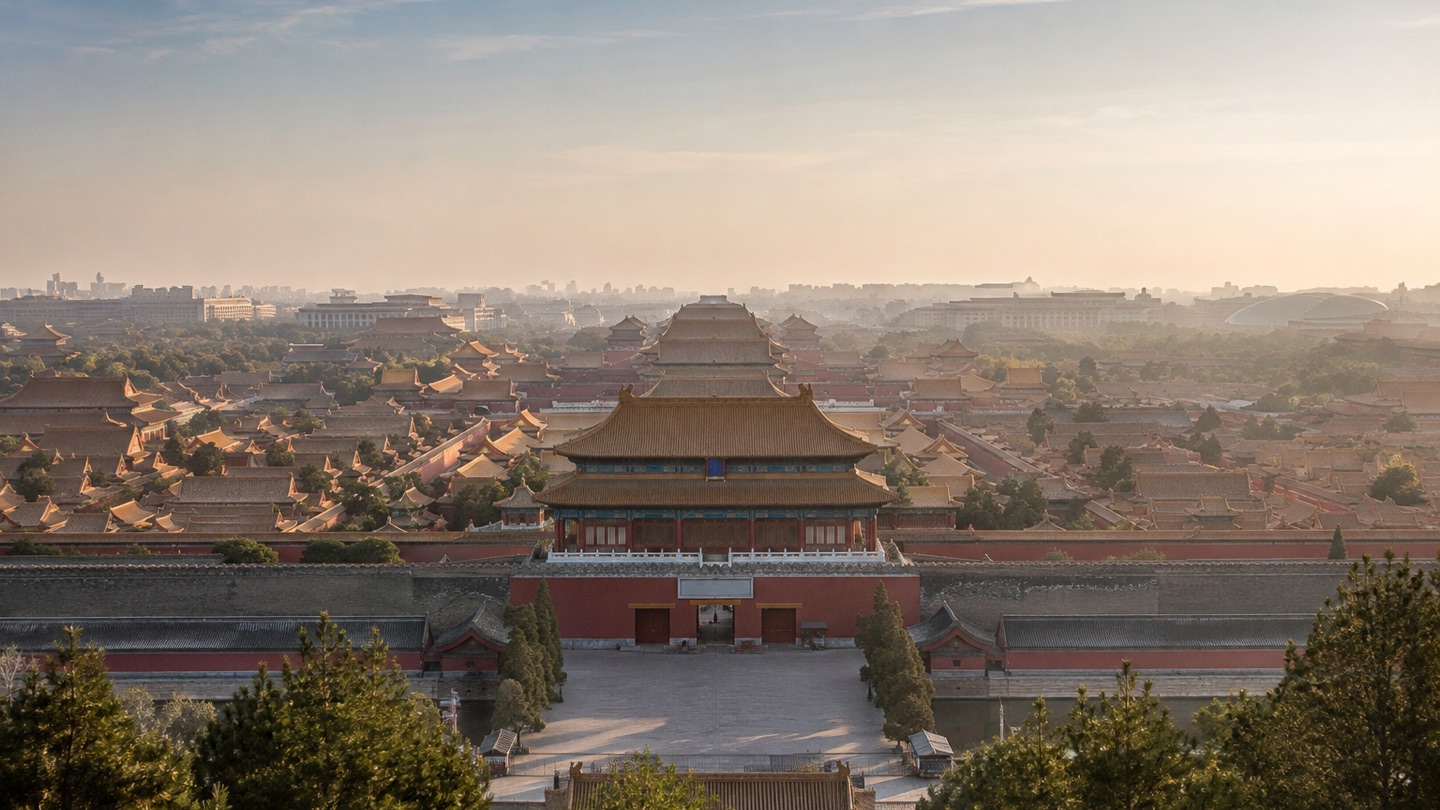 The Forbidden City in Beijing viewed across layered palace rooftops at golden hour