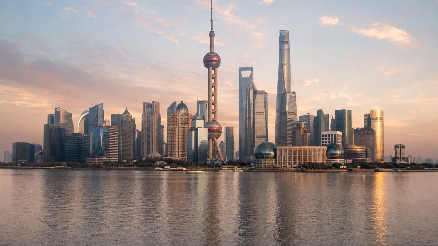 Shanghai Pudong skyline across the Huangpu River at sunset