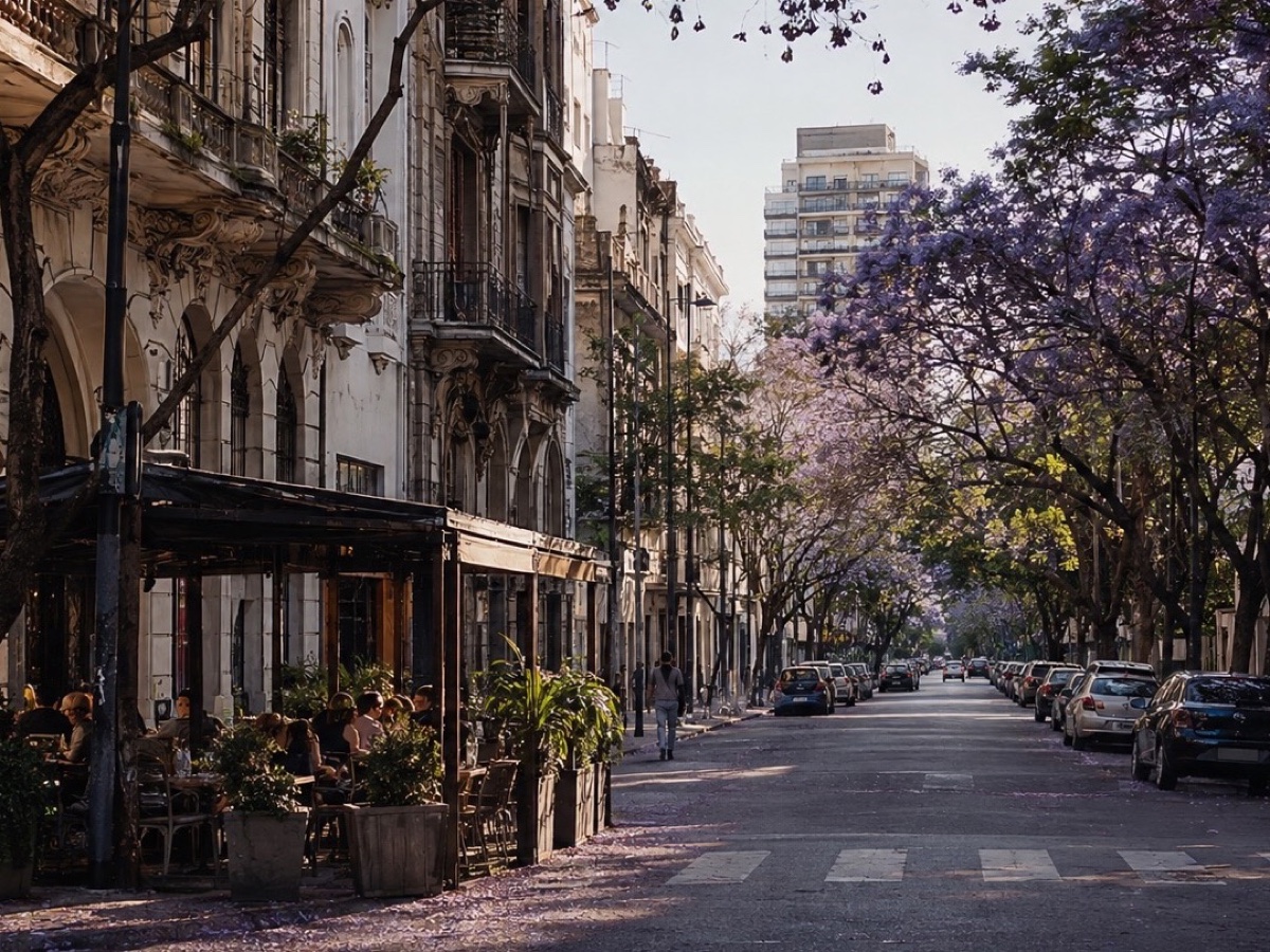 Jacaranda trees over a Buenos Aires street with ornate apartment façades and a shaded sidewalk café
