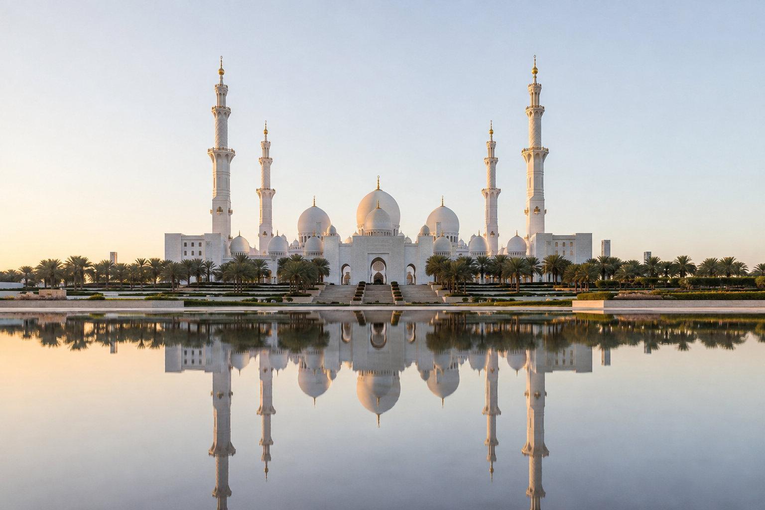 The white domes and minarets of the Sheikh Zayed Grand Mosque mirrored in still water at dusk