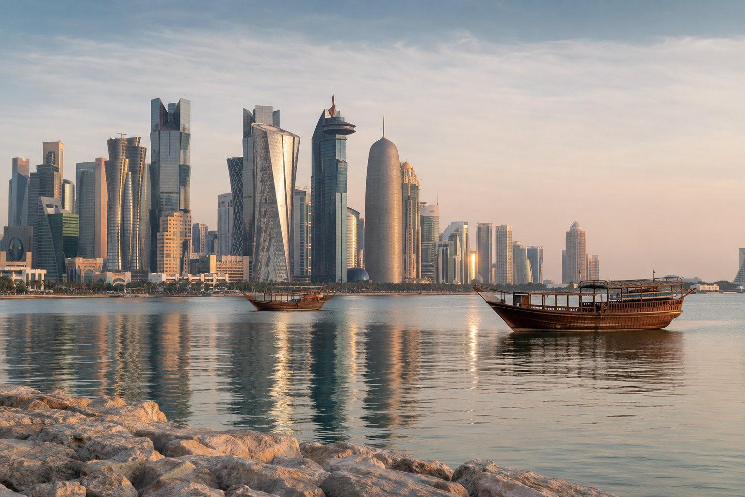 Traditional wooden dhows moored on the bay in front of Doha's West Bay towers
