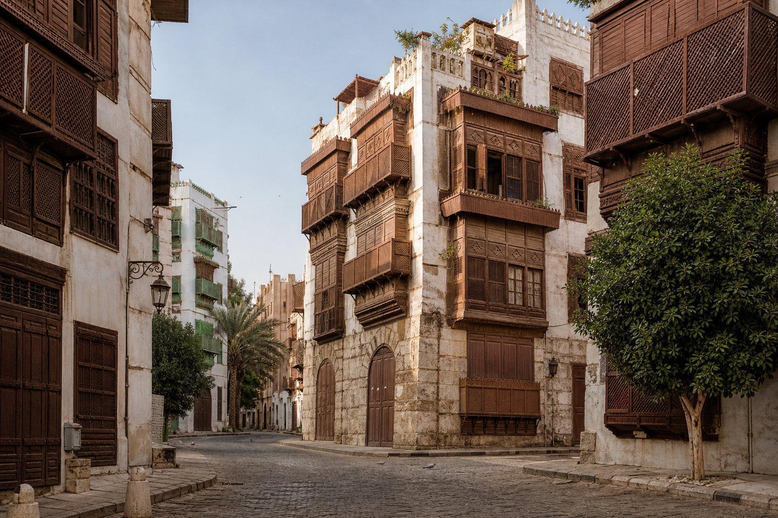 Carved wooden rawasheen balconies on the coral stone houses of Jeddah's Al-Balad old town