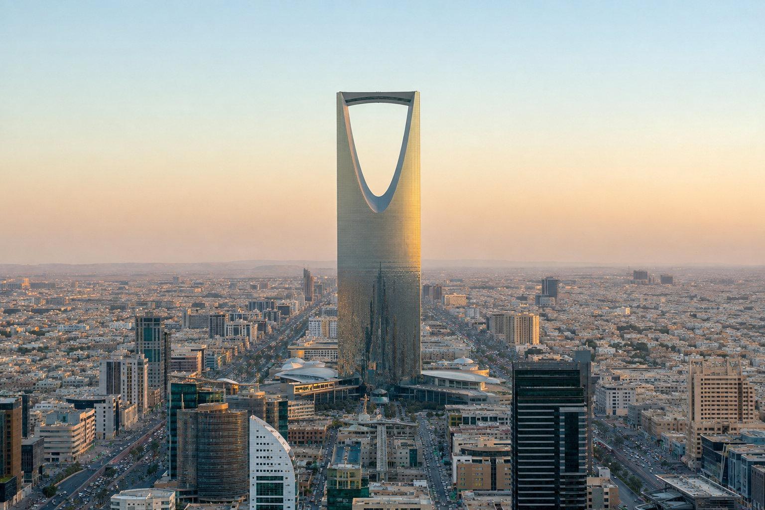 The Kingdom Centre tower rising above the Riyadh skyline in hazy afternoon light