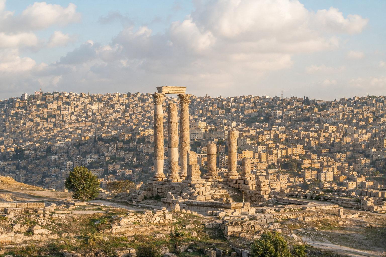 The Roman columns of the Temple of Hercules on Amman's Citadel above the city's pale hillside houses
