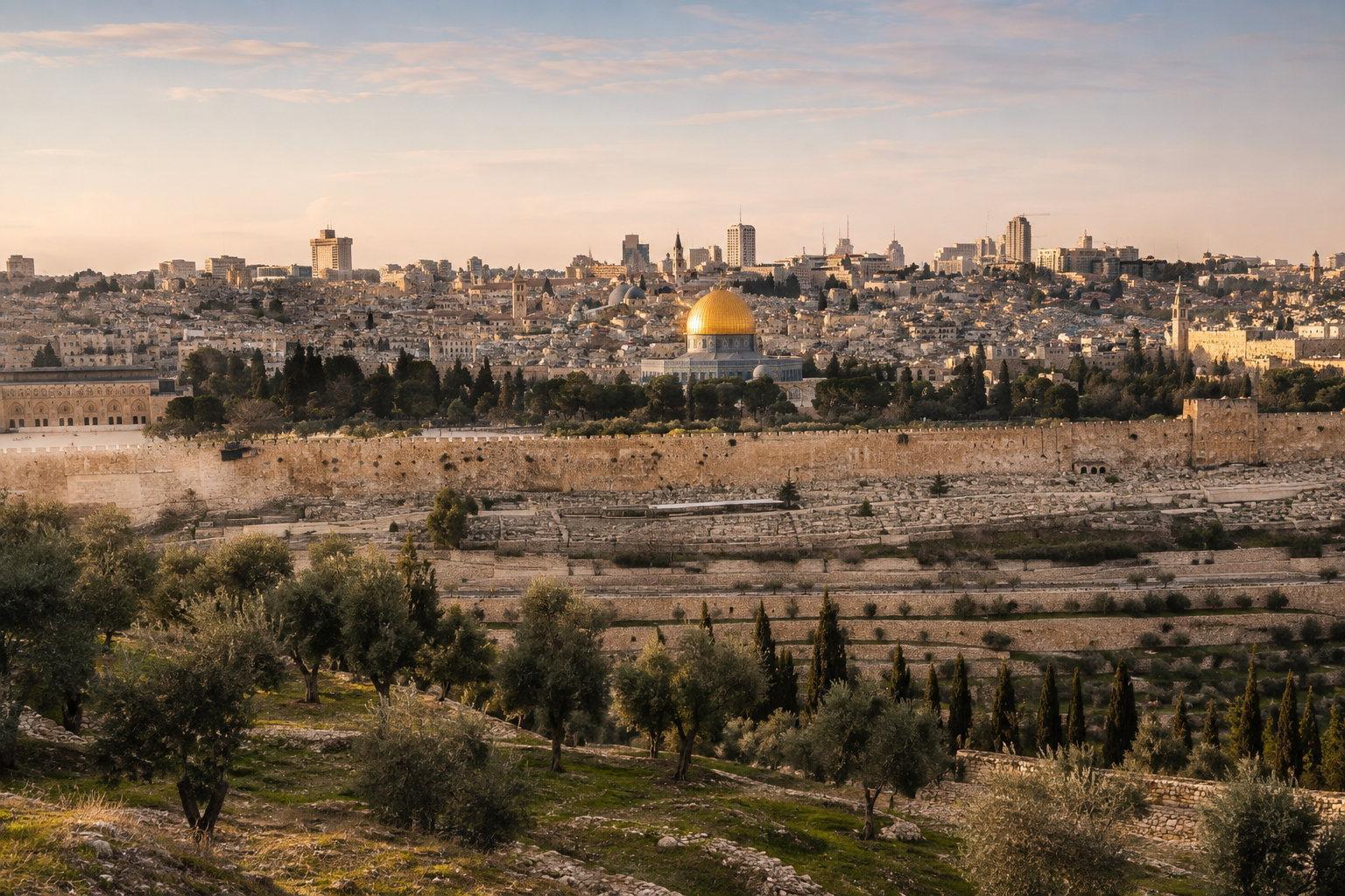 The Old City walls and the gold Dome of the Rock above olive groves in Jerusalem