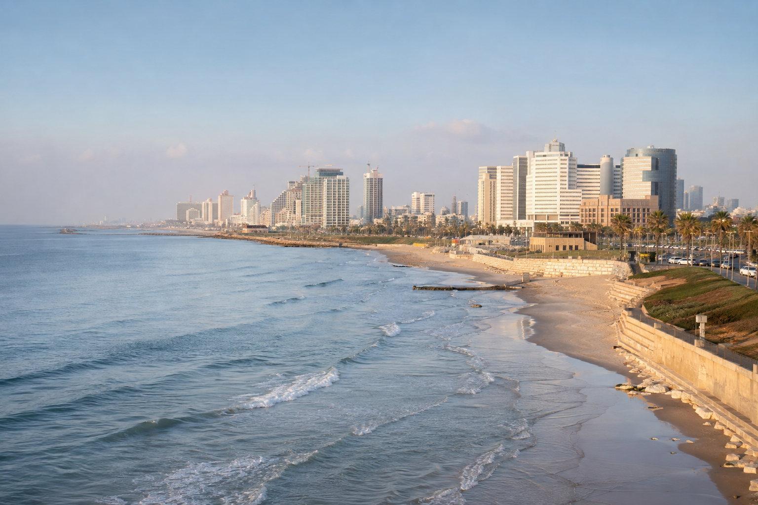 The Mediterranean shoreline and beachfront buildings of Tel Aviv seen along the sand